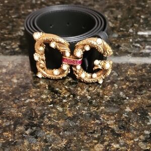 Dolce & Gabbana Black Belt with Gold and Pearl Embellished Buckle